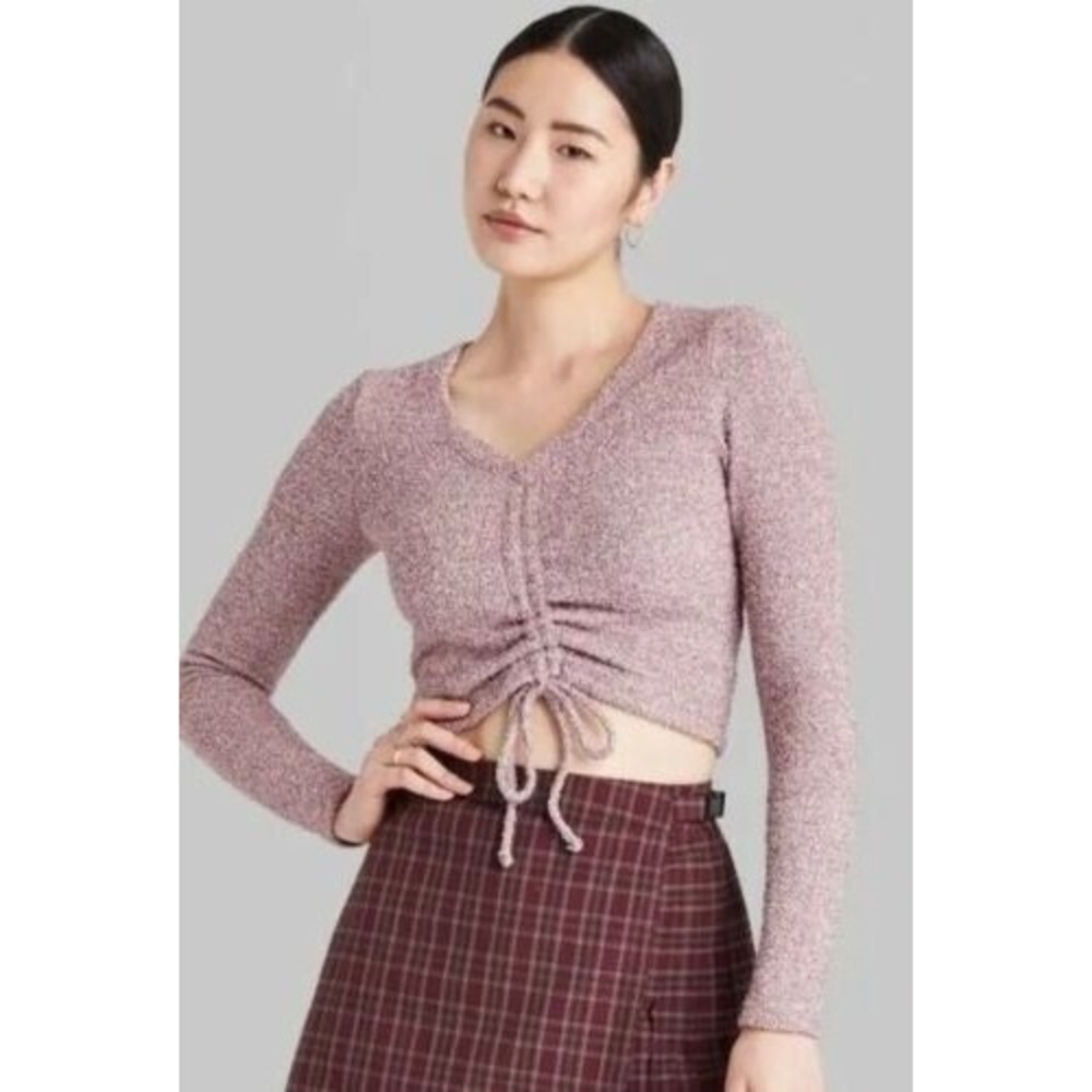 Wild Fable Women's Long Sleeve V-Neck Cinch‎ Front Crop Sweater - Purple XS